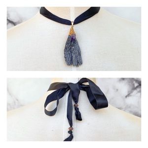 Black Kyanite with Amethyst Silk Choker Necklace